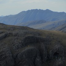 Cerro de la Ventana with the base camp and the cave &quot;Cueva de los Guanacos&quot; and the base camp on the right bottom side